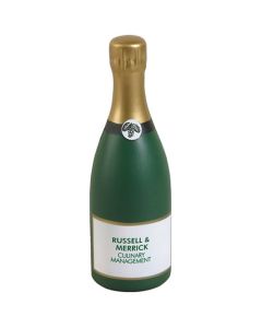 A champagne shaped stress reliever with a green logo on the front 