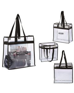 Four clear custom tote bags. Two are blank and two have black logos. One of the bags has been filled with travel items.