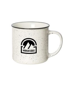 350mL white speckled mug with black rim and logo