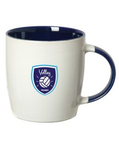 350mL white stoneware mug with cobalt blue interior and handle and a blue logo