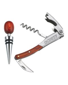 A stainless steel and rosewood wine set featuring a stopper an a multi tool with an engraved logo