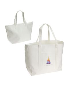 A custom printed boat tote made from RPET material. The bag is white with a full colour logo.