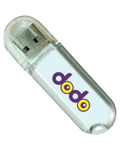 A custom printed plastic, pill-shaped USB drive. The body is silver with rounded edges and has a purple and yellow logo.