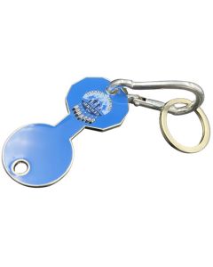 full colour printed double ended shopping cart token with carabiner and split ring front view