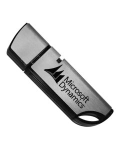 A custom printed USB tower drive. The body is silver with a black accent and a black print logo.