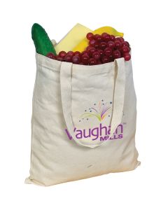 A custom branded sturdy cotton tote bag that is natural coloured. The bag is made from canvas and has a full colour logo.