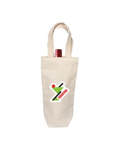 natural coloured cotton wine bag with full colour logo and bottle inside