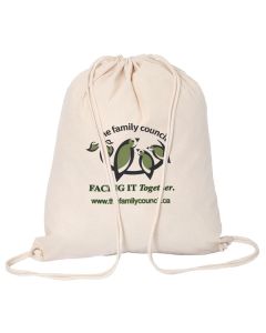 natural cotton drawstring bag with green and black logo