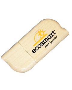 A custom logo eco-friendly wooden USB drive with the cap on. The printed logo is black and yellow.