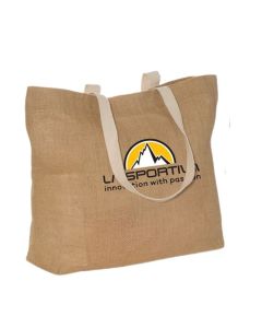 A natural colour jute tote bag made from eco-friendly material. The front has a black, yellow and white custom printed logo.