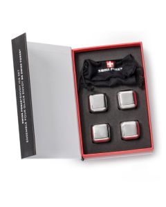 Four stainless steel ice cubes with engraved logos