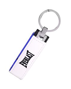 A white leather USB drive with a blue interior, a black logo and a metal split ring attachment.