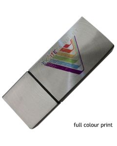 A custom printed metal cube USB thumb drive with a silver body. The rectangle-shaped body has a full colour logo.