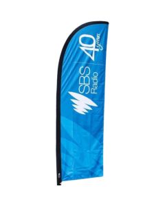 A custom printed 8ft feather flag outside Dynamic Gift's office for a promotion.