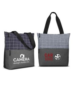 Two custom printed tote bags. Both bags have flannel check accents and custom printed logos.