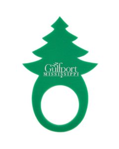 A green foam holiday tree pullover visor with a white logo on it