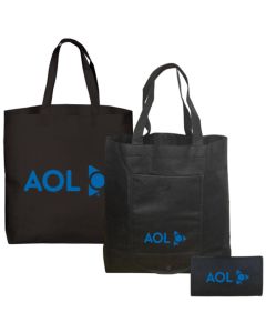 A custom logo folding non woven convention tote. The bag is black with blue print and shown in three different positions.