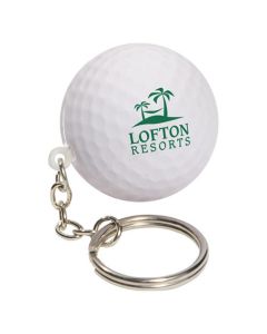 A white golf ball shaped stress reliever with a green logo and a metal keychain and split ring attached