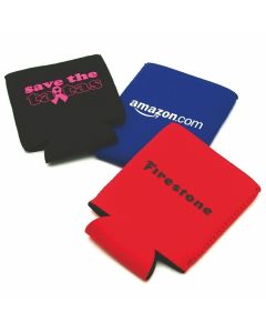 group of three neoprene collapsible can coolers in different colours with different coloured logos on each