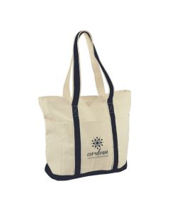 A custom logo heavy duty cotton tote bag with black accents and handles and a single colour print on the front.