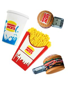 four fast food shaped coloured PVC USB drives with brand name on each