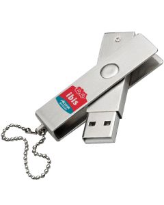 A metal swivel USB stick and attachment. The body has a red and blue logo on it.
