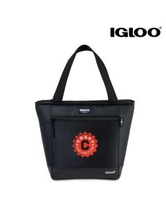 A black Igloo Reprieve cooler bag custom printed with a red, black and white logo on the front.