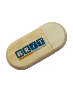 A custom branded wooden eco-friendly USB drive with rounded edges. The body has a blue and orange print on the front.