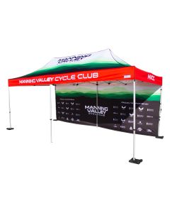Custom printed 10x20ft event tent with full back wall and custom canopy design.