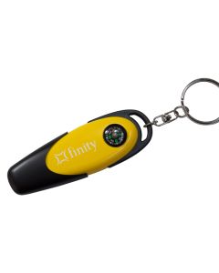 A customized USB drive with a built-in compass. The plastic body is black and yellow with a metal split ring and white print.
