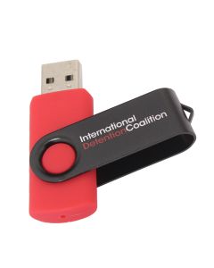 A custom branded USB swivel drive that has a red body and black swivel with a red and white logo printed on it.
