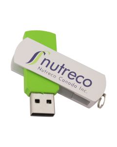 A custom printed advanced USB swivel drive with a green body, white swivel, and a purple and green logo.