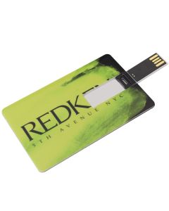 A custom printed USB business card with a black and lime green front and black text. The USB chip is in the open position.