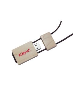 A custom printed wooden USB drive necklace with a black cord. The logo on the USB is branded in red.