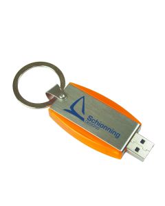 A custom logo metal USB slide drive with a split ring attachment. The body is orange and silver with a blue logo.