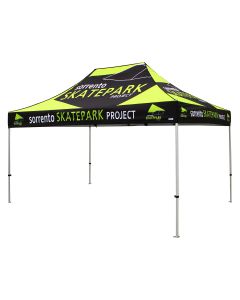 Custom printed 10x15ft event tent made from polyester with a metal frame and full colour canopy customization.