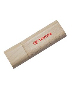 A branded eco-friendly wooden USB drive with the cap on. The body has red custom print on the front.