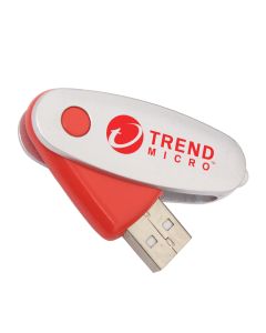 A custom logo curve USB swivel drive with a red body and silver swivel. A red logo is printed on the front.
