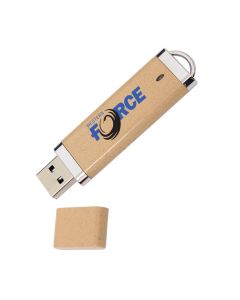 A custom logo USB drive made from eco-friendly high density paper. The body has a blue and black printed design.