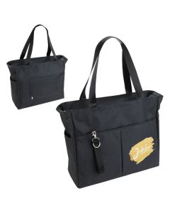 A black Jubilee travel tote with a yellow and white logo. The custom printed travel bag is black and has a key loop attached.