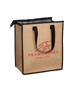 A custom jute cooler tote with black trim and a foil interior. The front has a red logo.