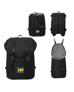 Four images of black laptop backpack showing different angles with full colour logo