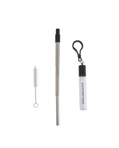 A reusable straw cleaner brush next to a stainless steel telescopic straw with a black tip. Beside this there is a case for the two items that is clear and black with a blue logo on the front and a black clip on the top