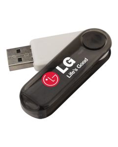 A custom printed USB swivel drive with white and red print. The body is solid white with a transparent black swivel.