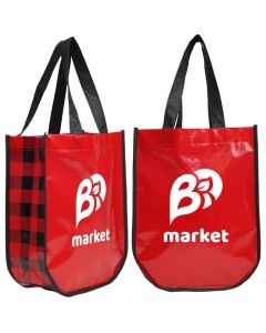 Two custom logo Lumberjack Plaid Fashion Totes. The bags are red and black with white print.
