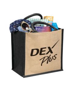 A custom printed medium jute tote with black trim. It is filled with beach essentials and has a black logo on the front.