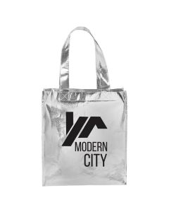 A silver colour custom printed metallic gift tote that has a black logo on the front.