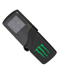A custom printed compact plastic USB swarve drive with a black body and a bright green logo.