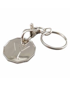 shiny silver coloured loonie shaped moulded and polished shopping cart token with trigger clip and split ring