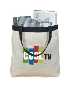 A customized cotton tote bag with black trim. The front has a multiple colour logo and the bag is filled with books.